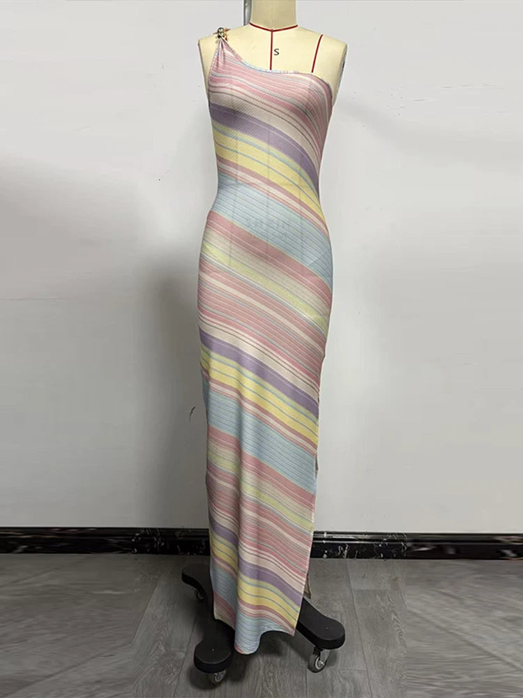 Elegant One Shoulder Printed Mid-Calf Dress for Women