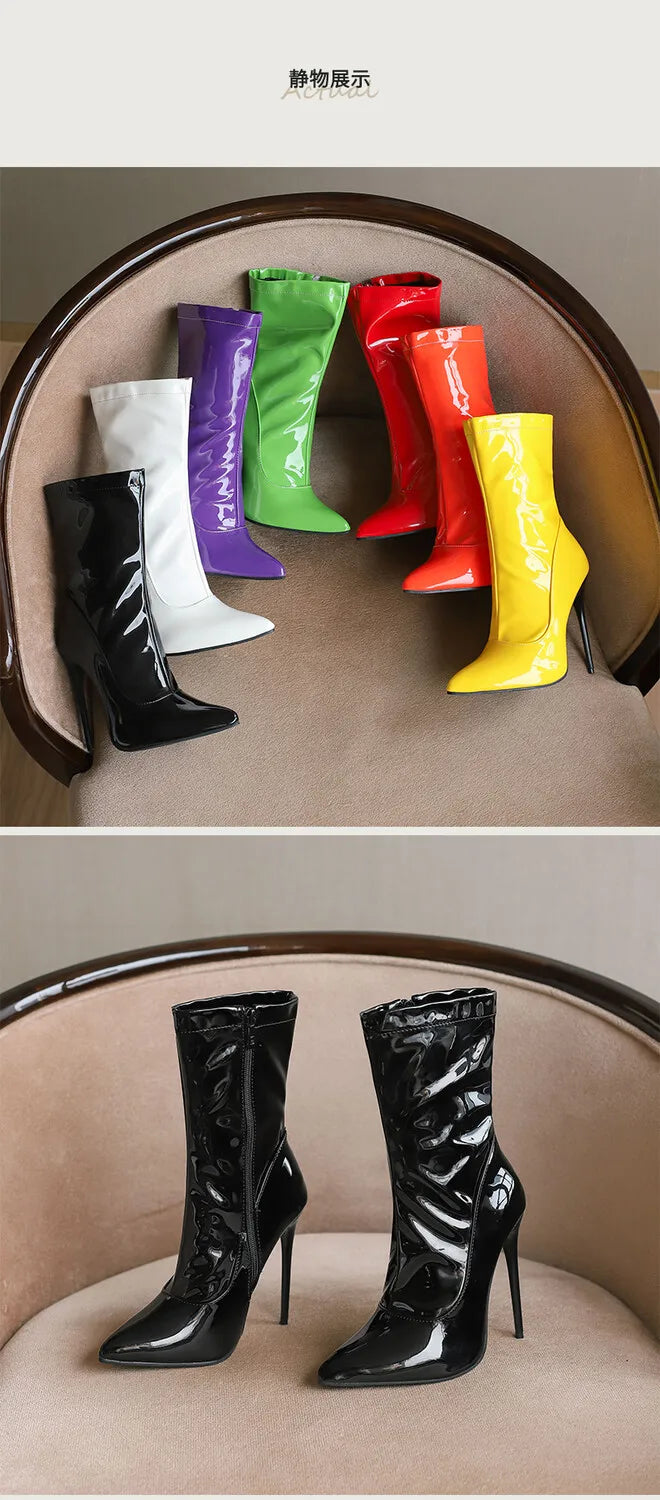 Pointed Toe Soft Patent Leather Side Zipper Stiletto Ankle Boots for Women