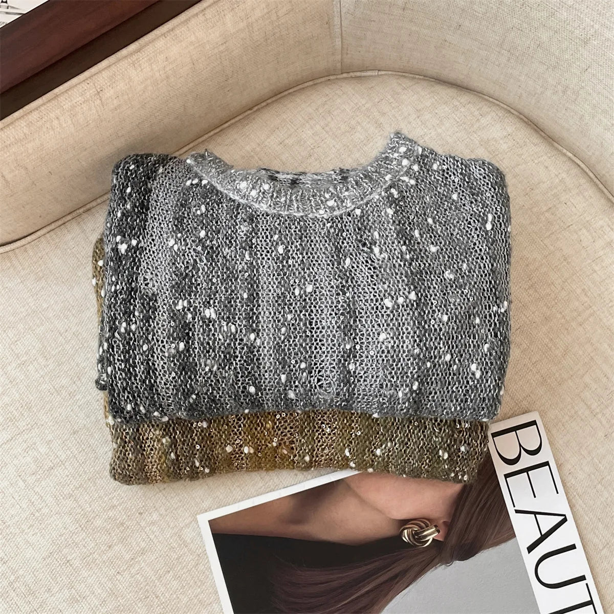 Sequin Round Neck Long Sleeve Knit Sweater for Women