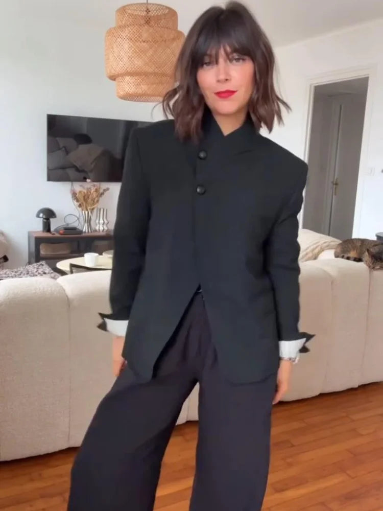 Elegant Stand Collar Coat and Trousers Set for Women