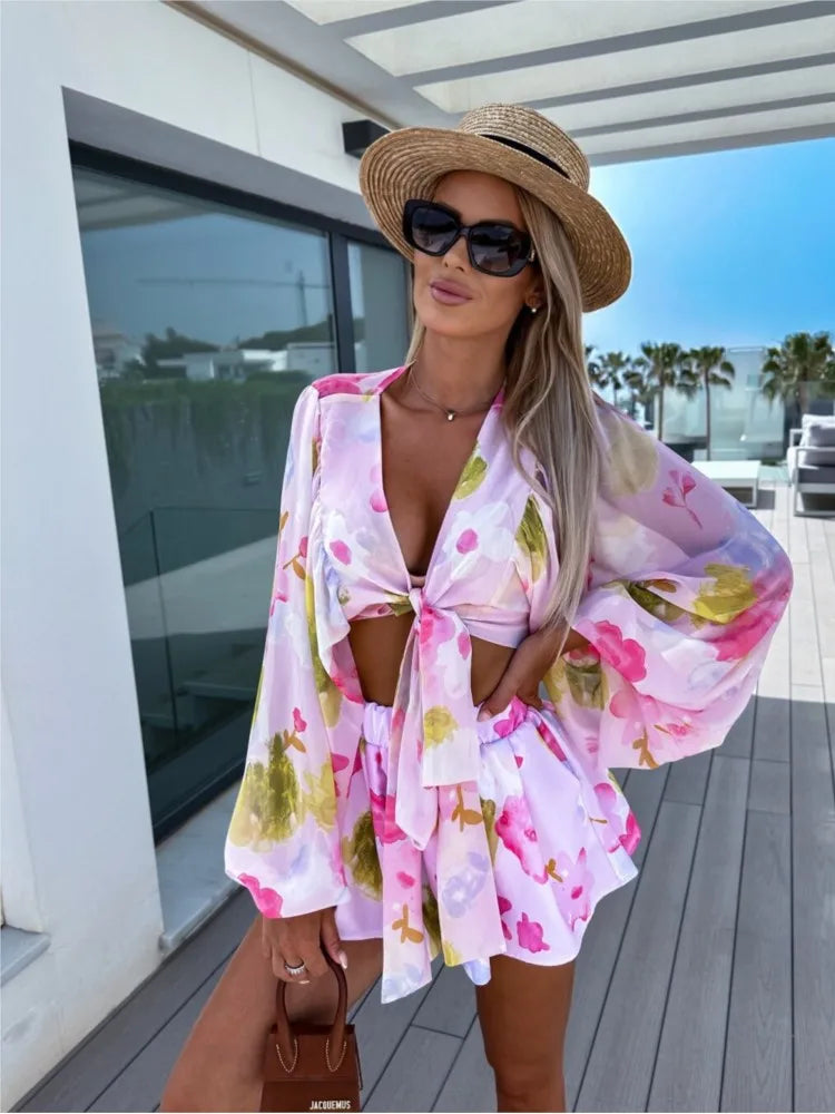 Lace-Up Lantern Sleeve Deep-V-Neck Chiffon Two-Piece Set for Women