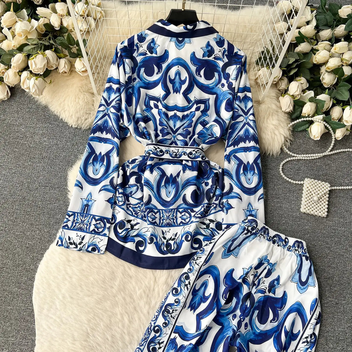 Casual Turn Down Collar Two Piece Pants Set for Women