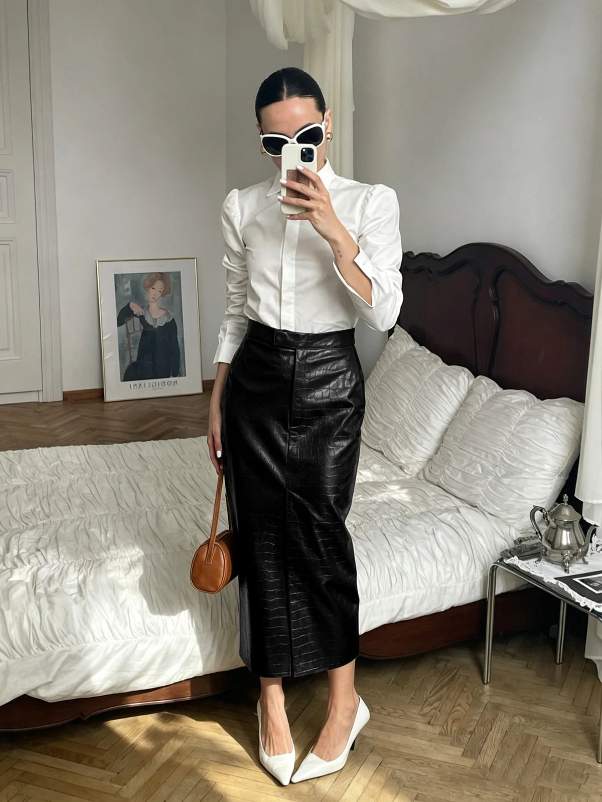 Faux Crocodile Leather Ankle Length Split Skirt for Women