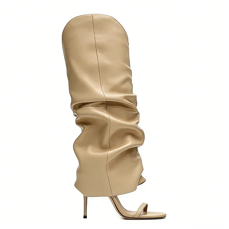 Pointed Toe Knee High Thin Heel Leather Boots for Women