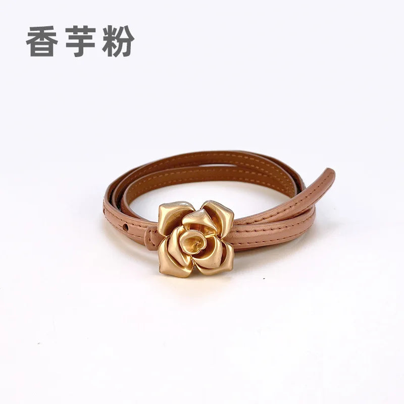 Double Sided Metal Flower Buckle Thin Belt for Women
