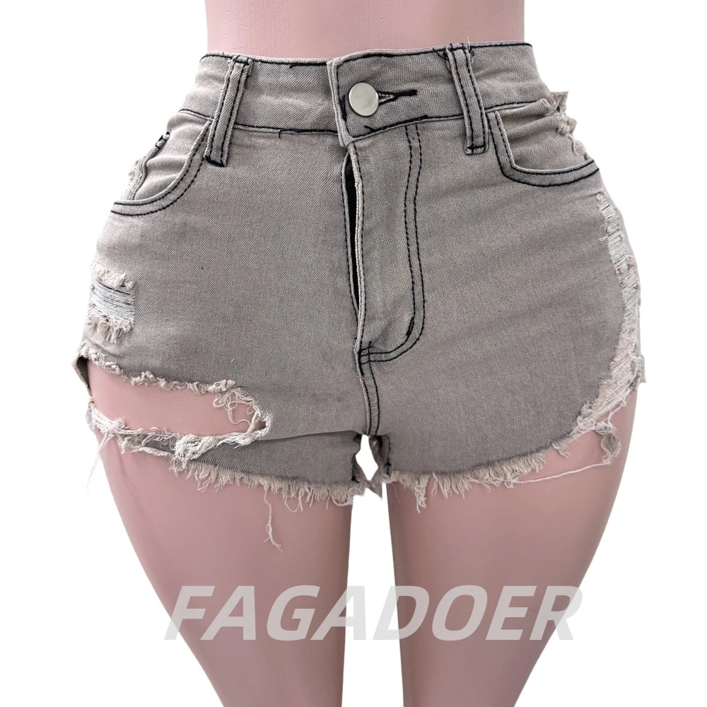 FAGADOER Gray Fashion Street Style Women High Waisted Button Denim Shorts Casual Female Solid Color Hole Matching Bottoms 2023