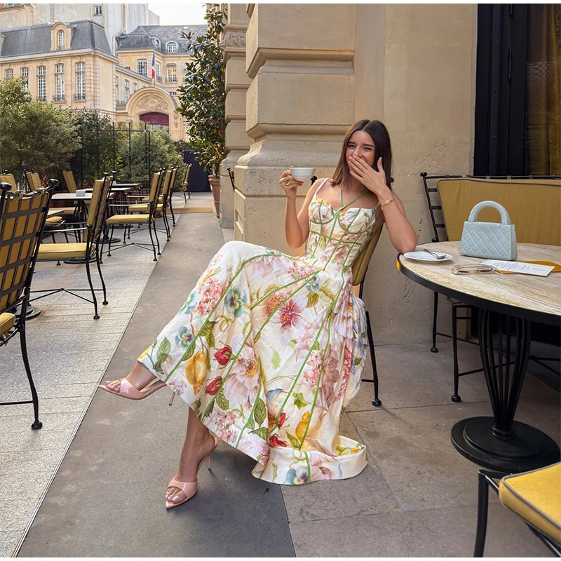 Sweetheart Neckline Floral Print Linen Blend Maxi Dress For Women