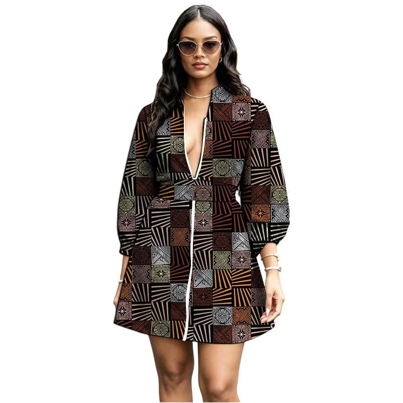 Zipper Belt African Print Loose Bishop Sleeve Dress for Women