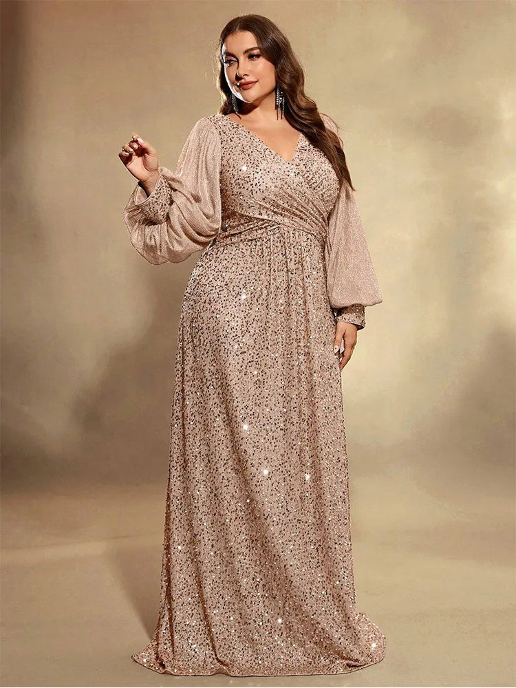 Plus Size V Neck Sequin Evening Dress