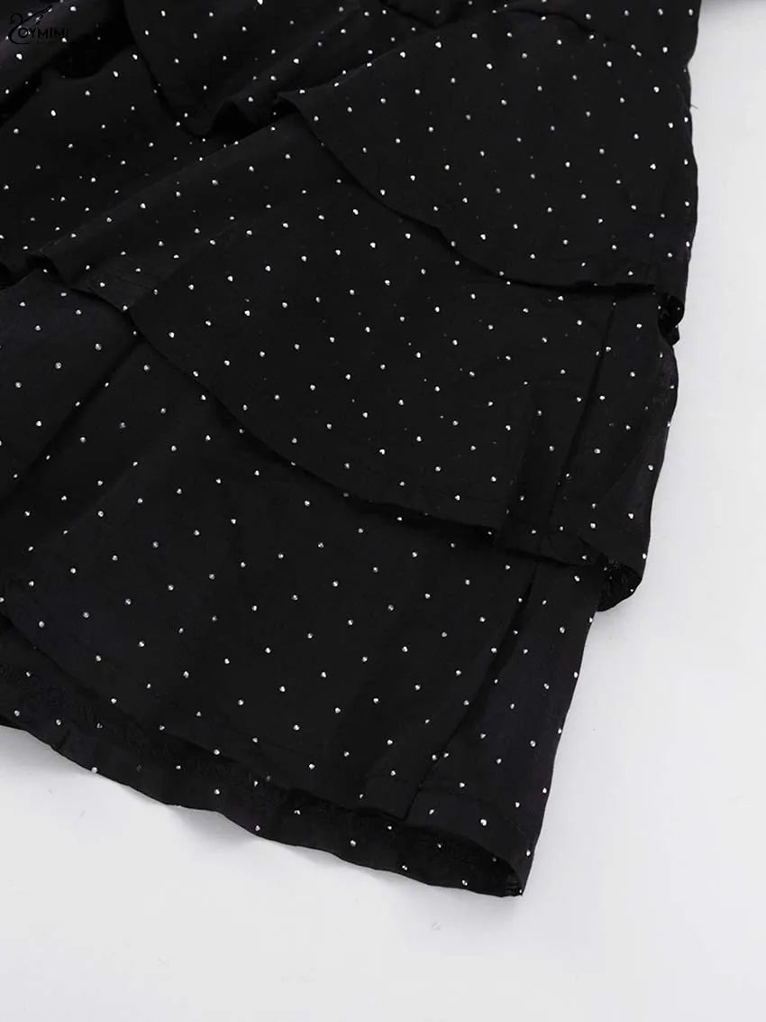 Oymimi Fashion Black Rhinestone Women's Dress Casual Lapel Long Sleeve Button Dresses Elegant New Lace-Up Pleated Mini Dresses