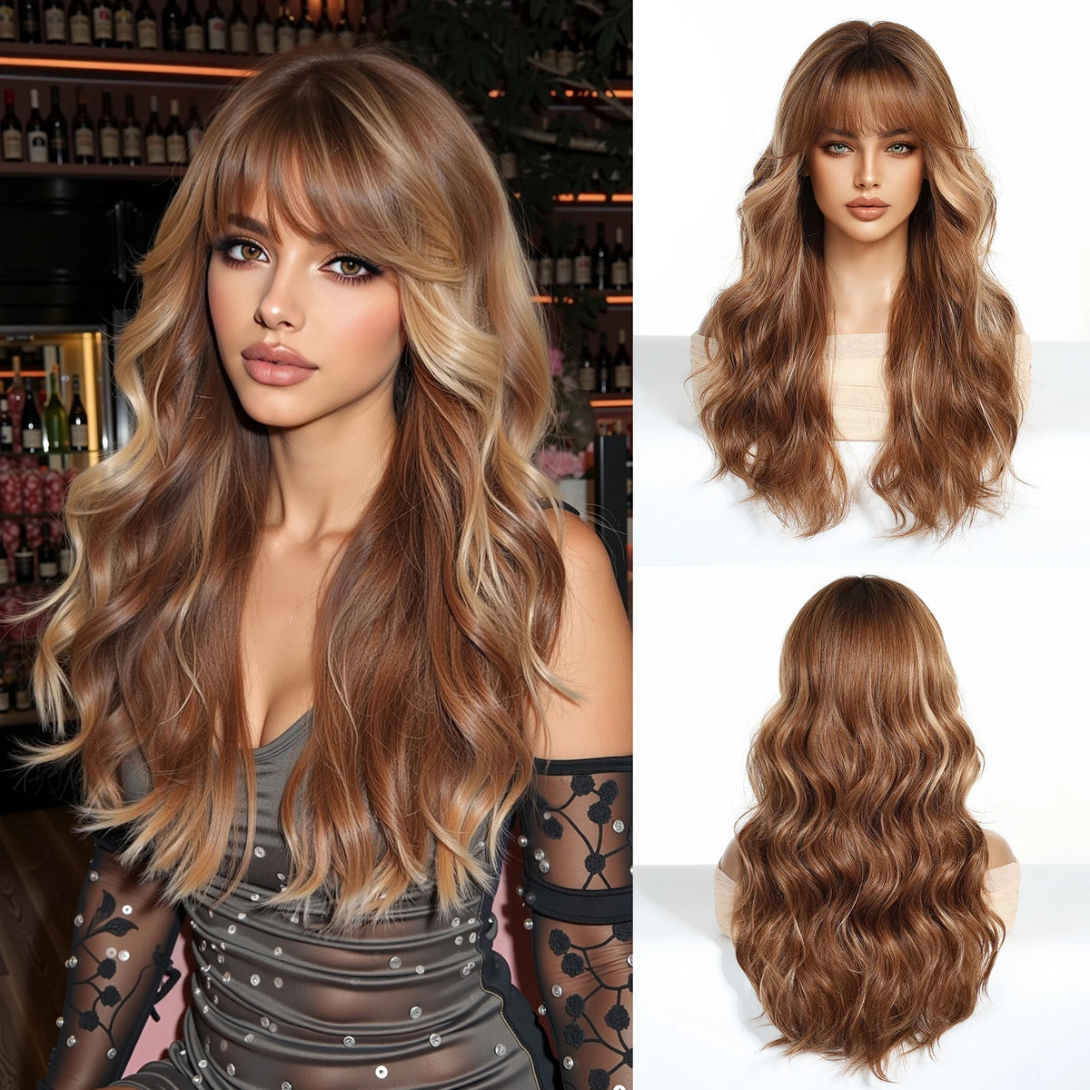 Ombre Blonde Long Wavy Wig With Bangs for Women