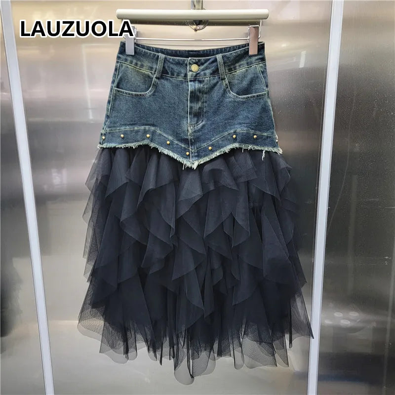 High Waist Patchwork Denim Ruffle Knee Length Skirt for Women