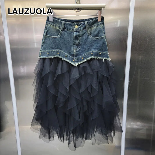 High Waist Patchwork Denim Ruffle Skirt