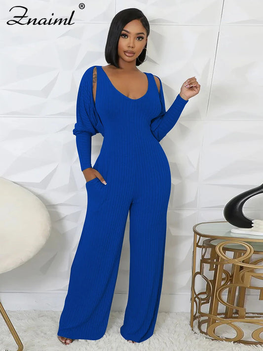 Znaiml Blue Knitted Ribber Wide Leg Pants Jumpsuits and Crop Coat Tops Two 2 Piece Women Sets Autumn Streetwear Birthday Outfits