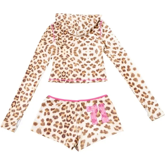 Sexy Shorts Set for Woman Crop Top Slim Fit Hooded Leopard Print Top and High Waisted and Half Pants Suit 2025 Spring/summer New