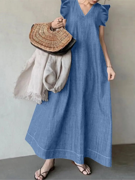 Bohemian V Neck Flutter Denim Maxi Dress