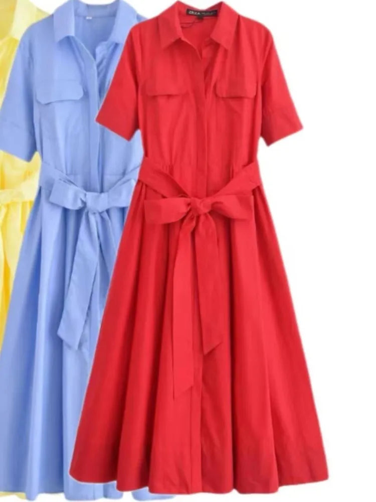 Lapel Casual Pockets Short Sleeve Shirt Dress for Women