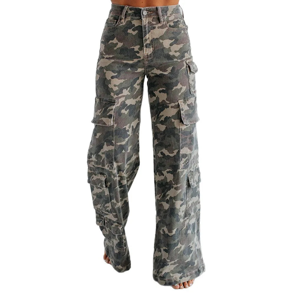 High Waist Camouflage Wide Leg Cargo Pants for Women