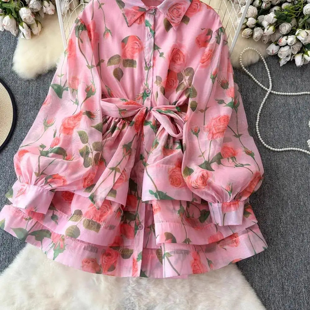 Women Lantern Sleeve Floral Print Lace Up Belt Summer Ball Gown Cute Dress Holiday Gorgeous Flower Ruffles Layer Cake Mini Dress