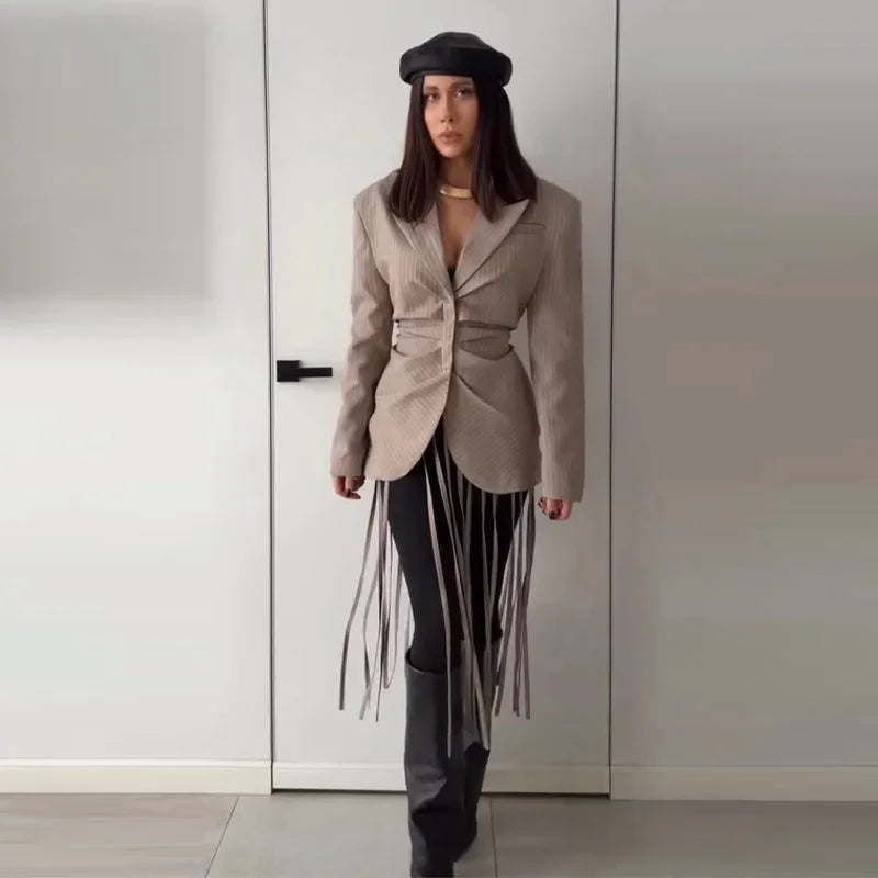 Striped Full Sleeve Blazer With Detachable Tassel Lapel for Women