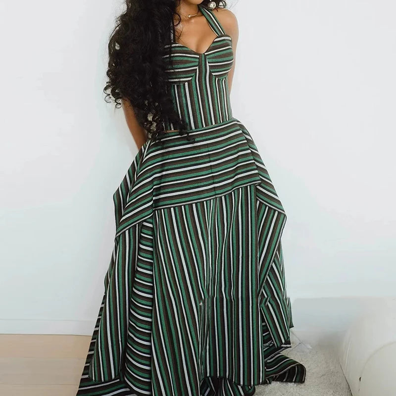 Striped Vacation Halter Backless Top and Half Skirt Set for Women