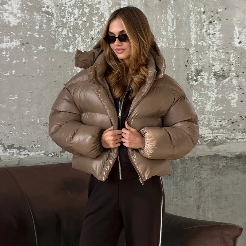 Detachable Hood Cropped Padded Winter Jacket for Women