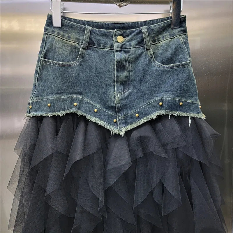 High Waist Patchwork Denim Ruffle Knee Length Skirt for Women