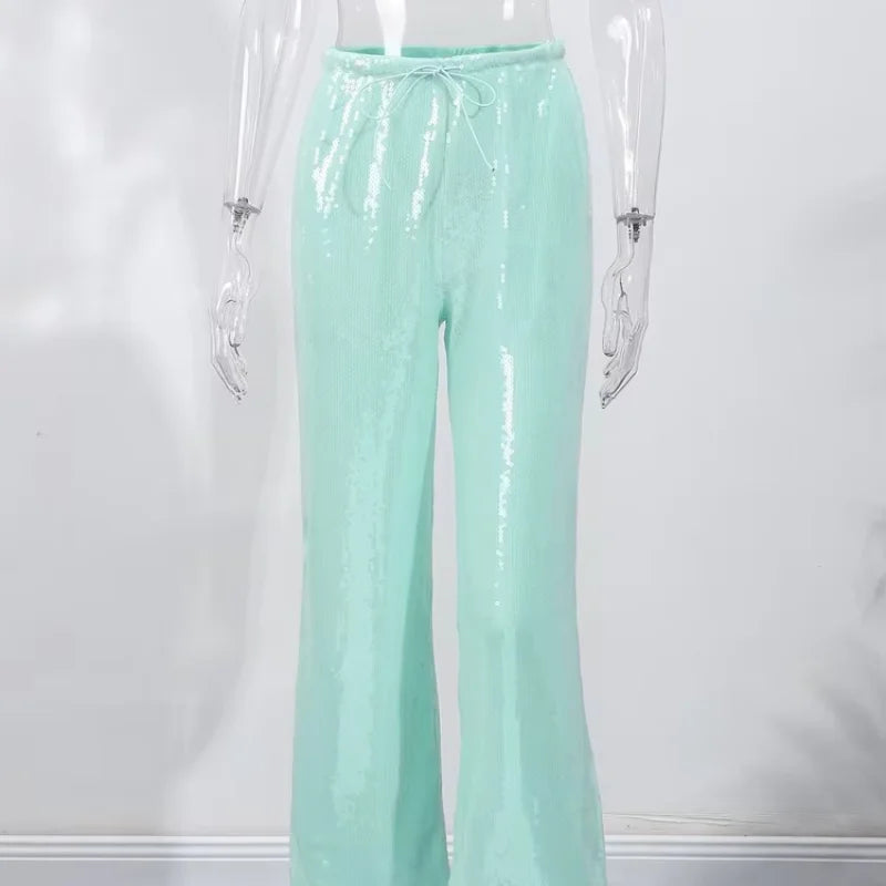 Casual Sequin Pants Women Loose Elastic Waist Wide Legs Trousers Female 2025 Spring Summer Fashion Chic Solid Streetwears Lady
