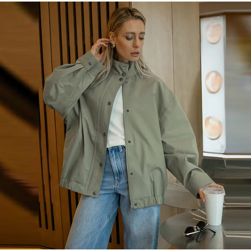 Elegant Stand Collar Single Breasted Jacket for Women