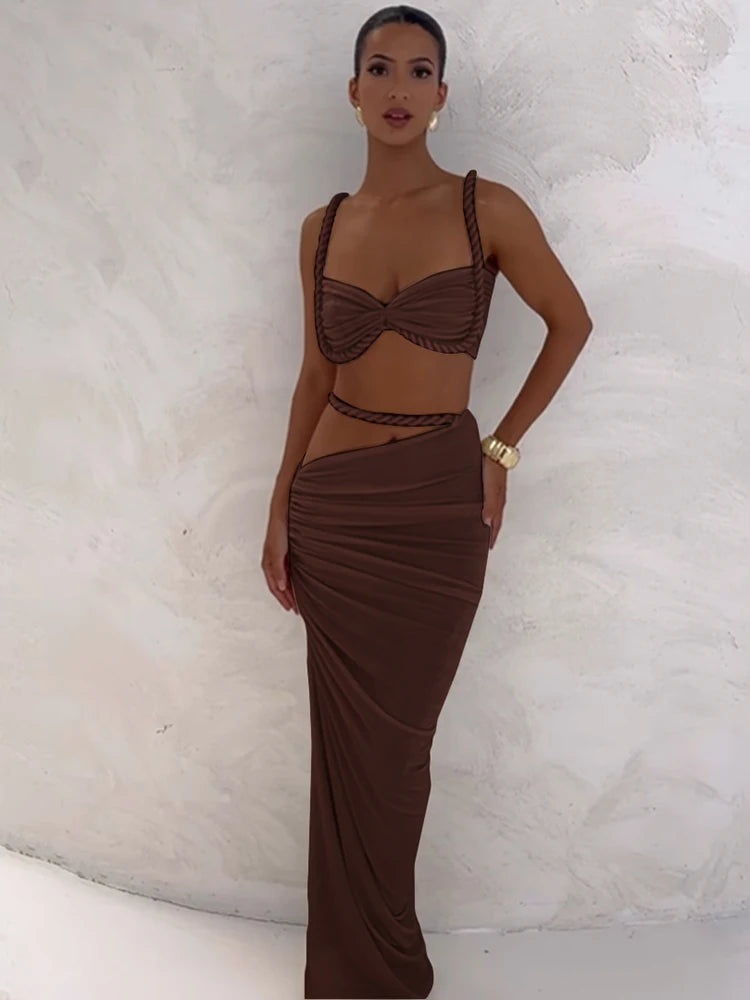 Woven Pleated Crop Top and Maxi Skirt Two Piece Set for Women