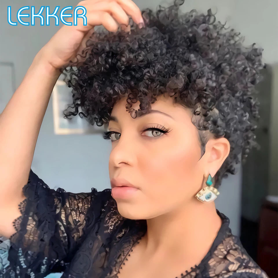 Short Kinky Curly Pixie Bob Human Hair Wig for Women