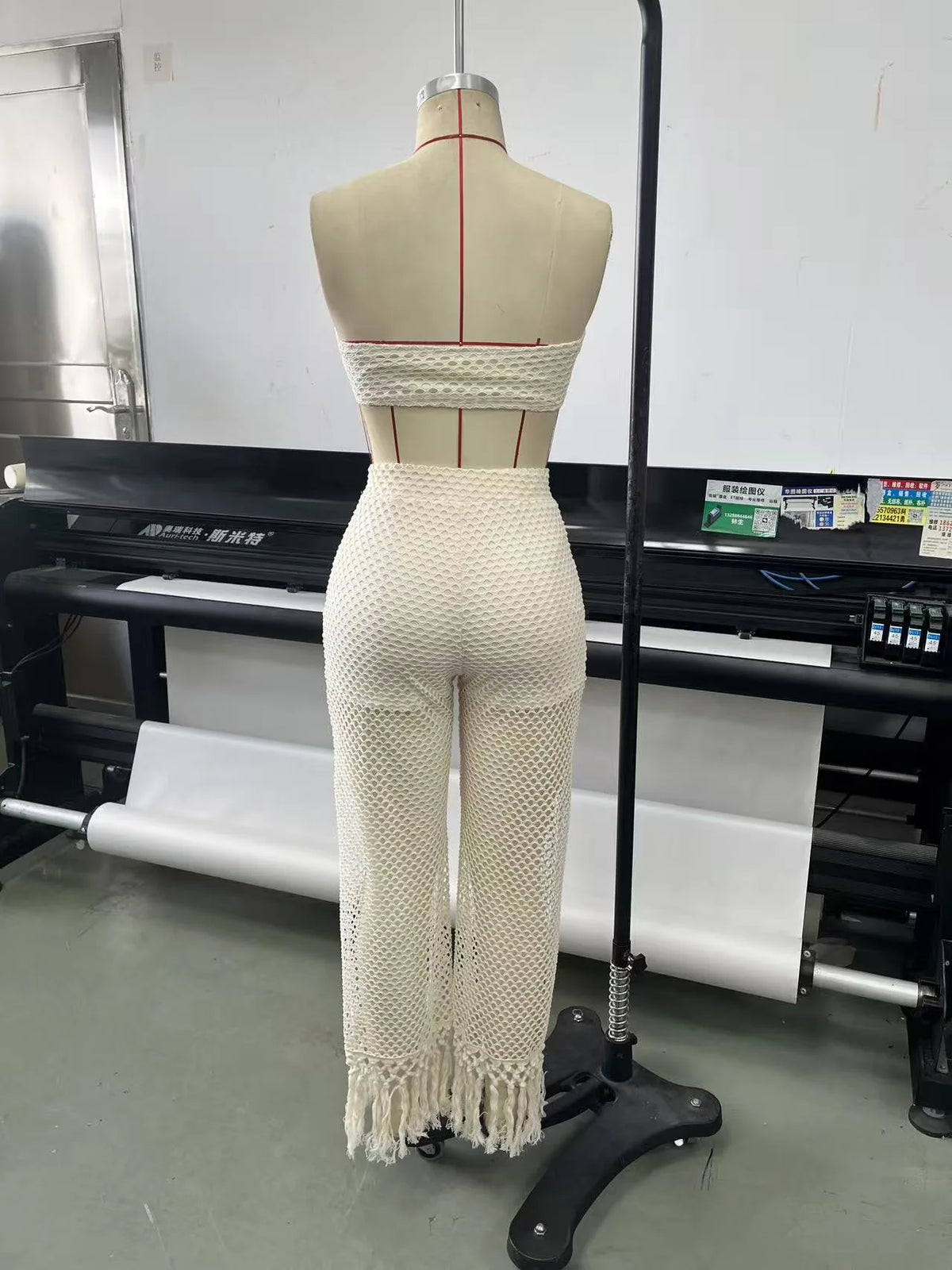 Crochet Bandeau Top and Tassel Wide Leg Pants Set for Women