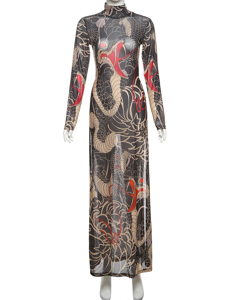 Snake Print Sheer Turtleneck Long Sleeve Top for Women