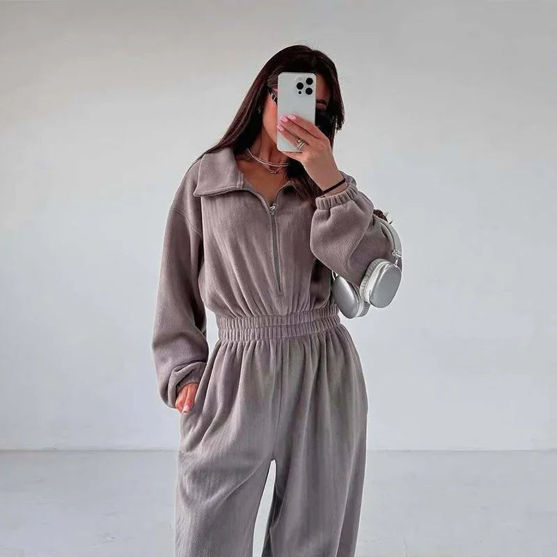 Casual Brown Stand Collar Long Sleeve Jumpsuit for Women