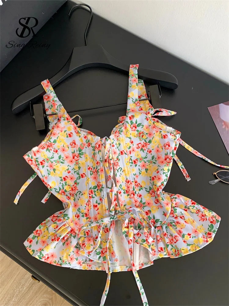 Summer Floral Lace-Up Corset Camisole Top for Women
