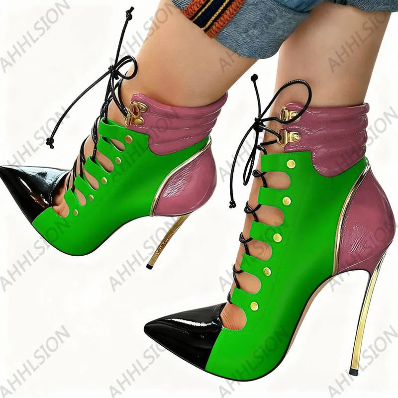 Pointed Toe Purple Leather Ankle Boots With Gold Accents For Women