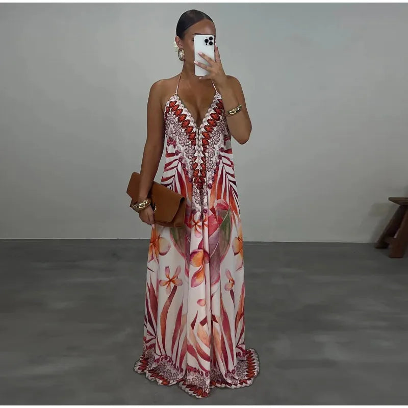 Beach Print Halter Neck Backless Long Dress for Women