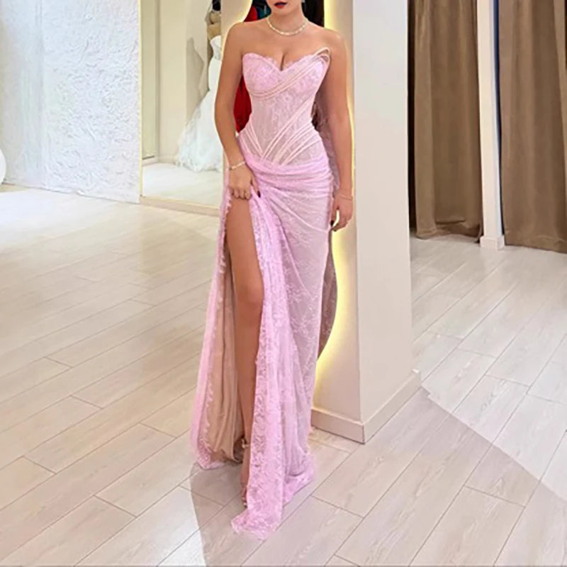 Pink Lace Wrap Backless Strapless A-Line Dress for Women