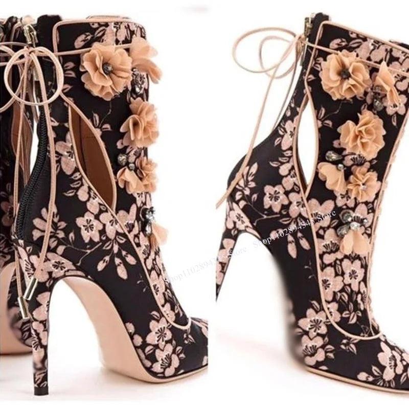 Black Floral Lace Up Pointed Toe Ankle Boots For Women