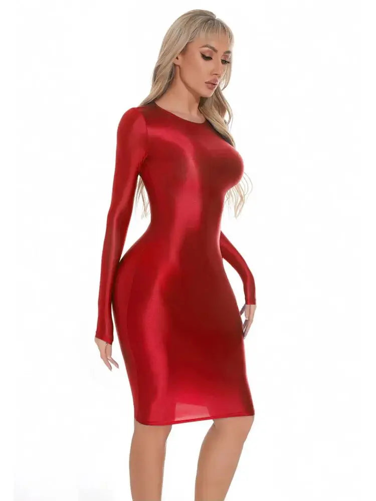 Shiny Long Sleeve Fitted Bodycon Midi Dress for Women