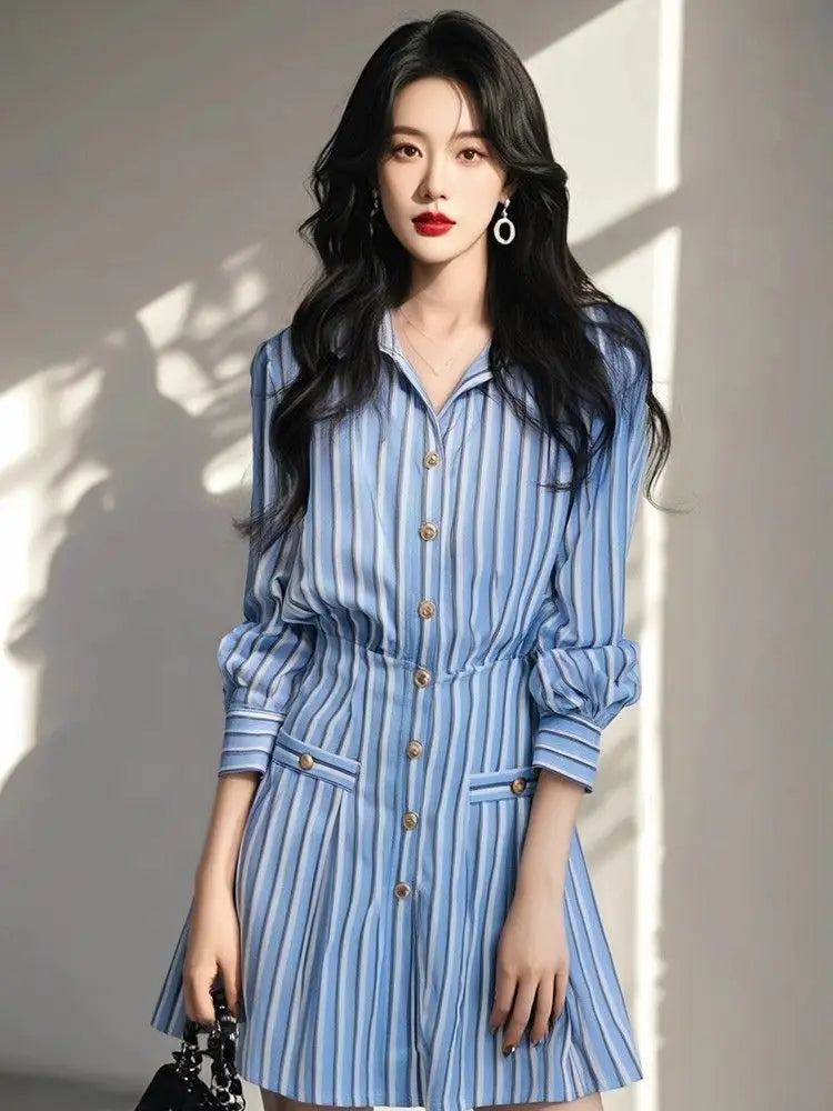 Blue and White Striped Korean Style Dress for Women