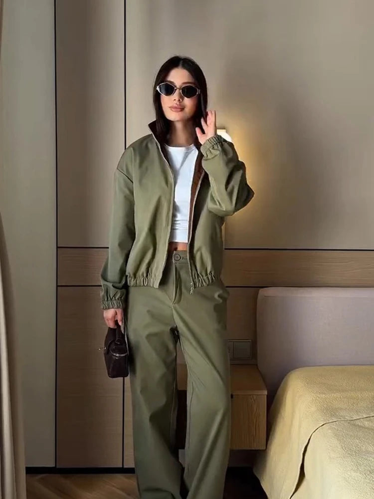 Loose Fit Zip-Up Track Jacket and Pants Set for Women