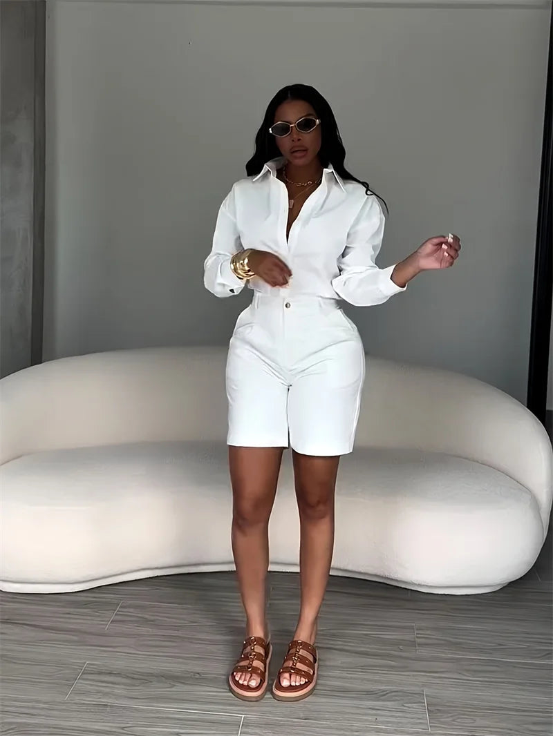 Solid Elegant Casual Long Sleeve Top and Shorts Two Piece Set for Women