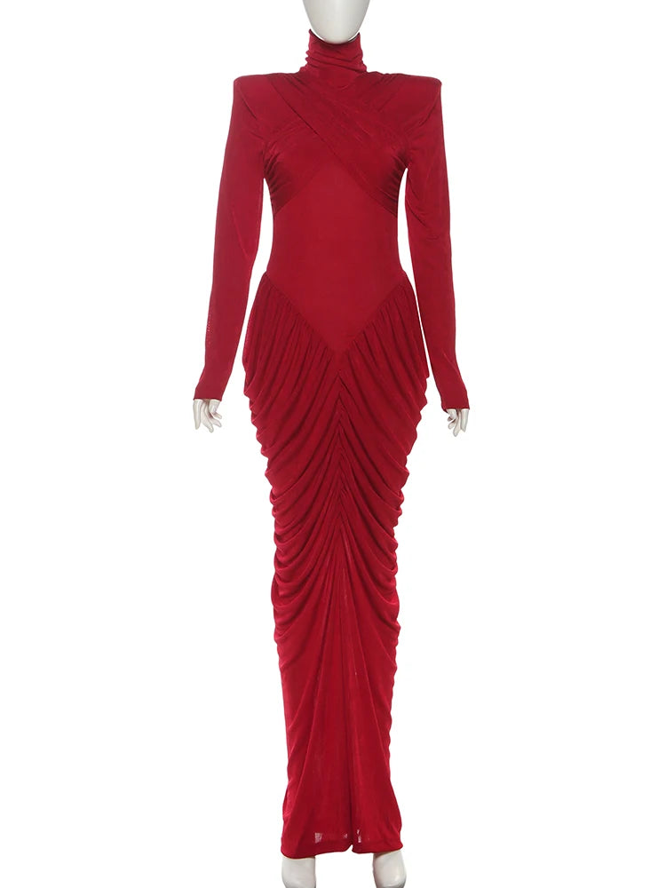 Elegant Ruched Backless Turtleneck Maxi Dress for Women