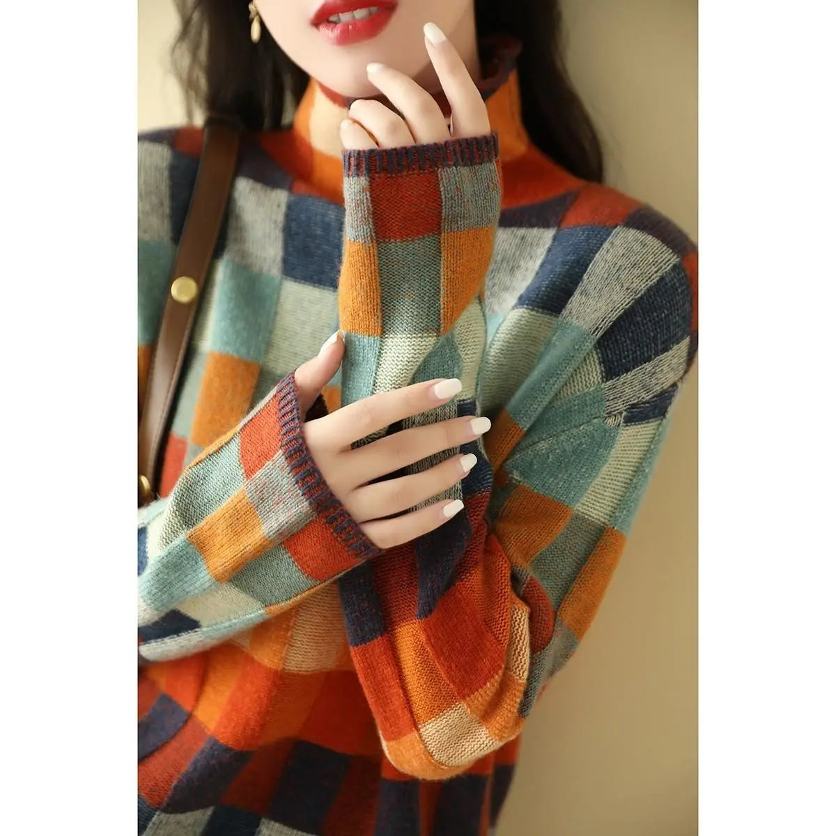 Cozy Thick Knit Turtleneck Sweater With Plaid Pattern For Women