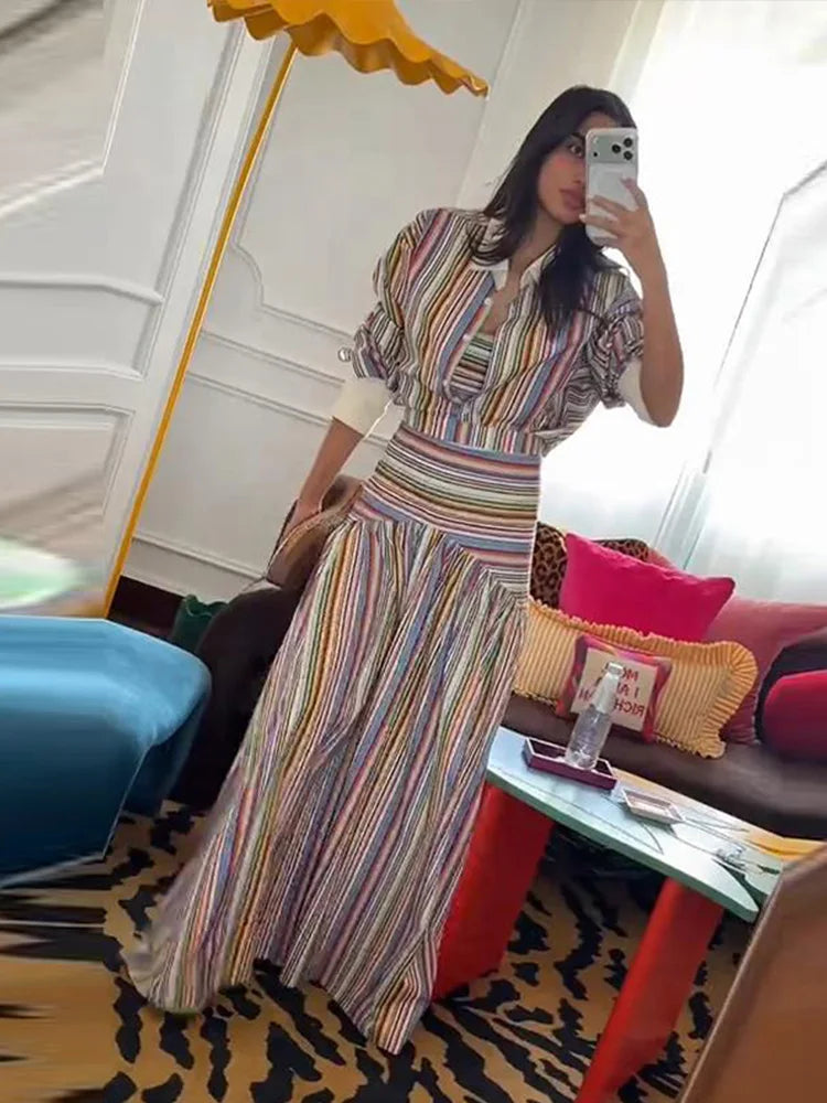 Elegant Multicolor Striped Puff Sleeve Maxi Dress For Women