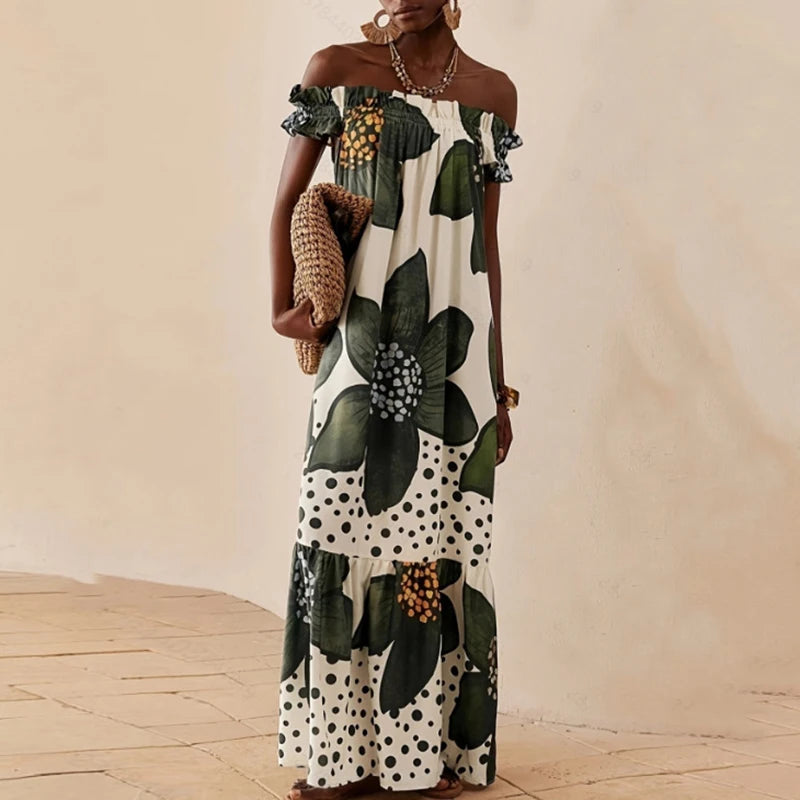 Sexy Off Shoulder Hight Waist Holiday Dress Fashion Pattern Print Loose Party Dress Women's Casual Short Sleeve Bohe Long Dress