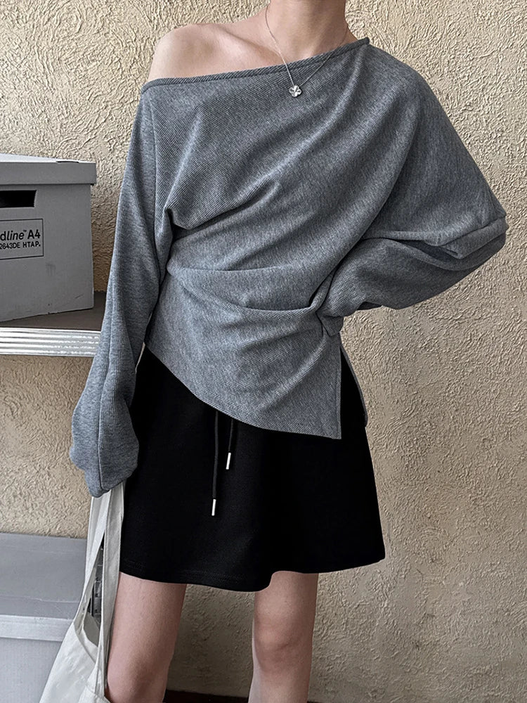 Black Pleated Asymmetrical Collar Sweatshirt for Women
