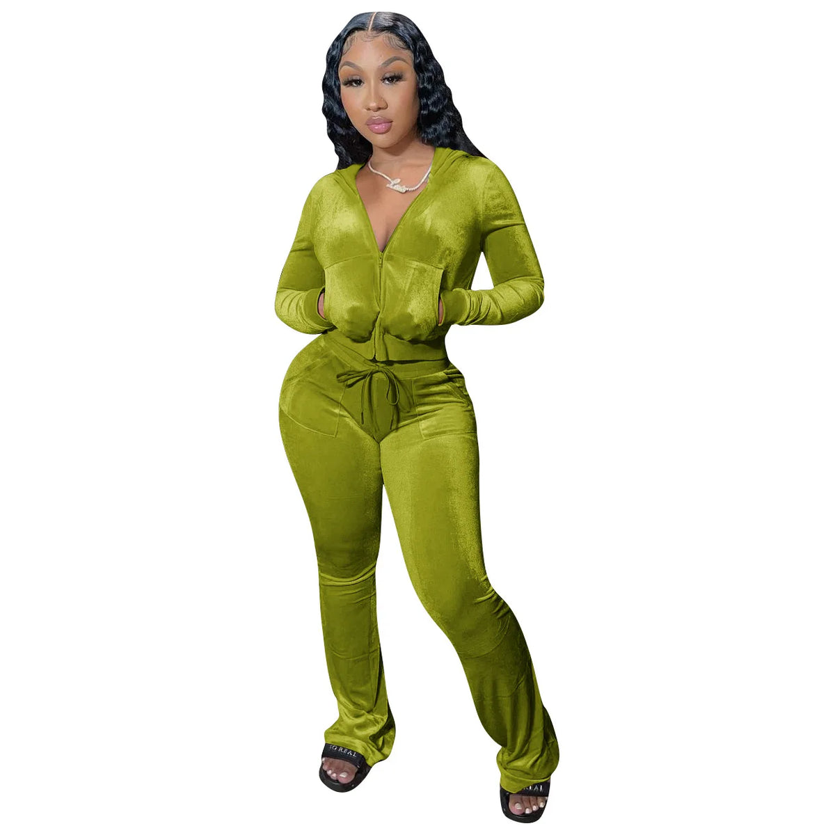 Hooded Zip Top And High Waist Pants Outfit Set for Women