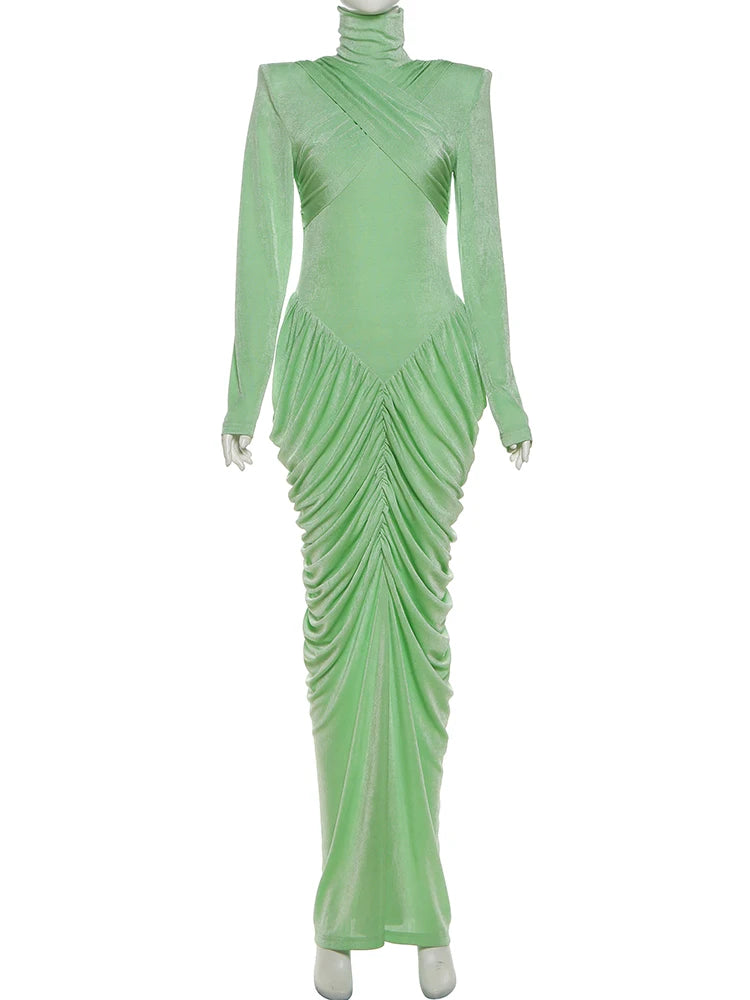Elegant Ruched Backless Turtleneck Maxi Dress for Women
